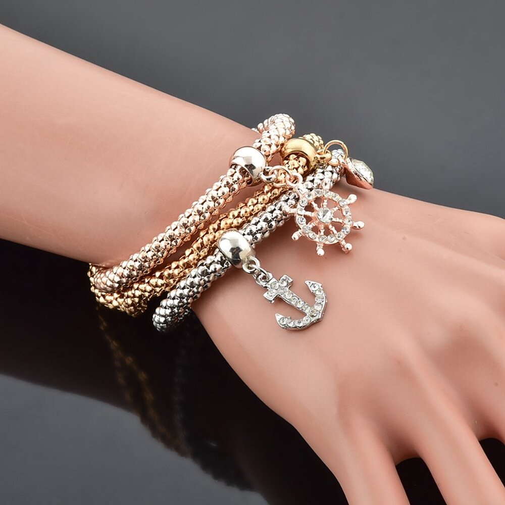 Nautical Charm Bracelet Set – Gold, Silver & Rose Gold with Anchor & Wheel Charm